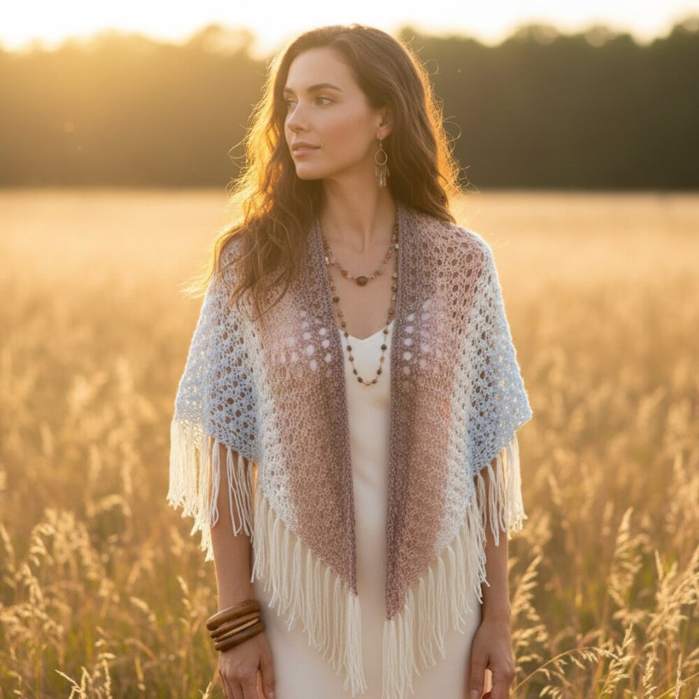 Blue Beige Cream Ombre Hand Knit Shawl Wrap Scarf Boho Hippie Cottage Coastal